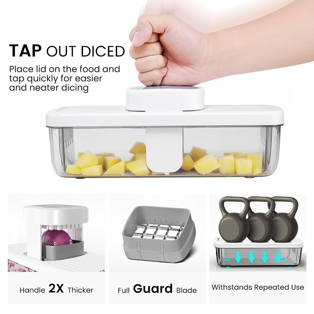 KEOUKE 8-in-1 Vertical Vegetable Chopper Mandoline Slicer with Container White - Safe Tap Out Dicer with Hand Guard for Kitchen Easy Food Prep, Onion Potato Veggie Fruit