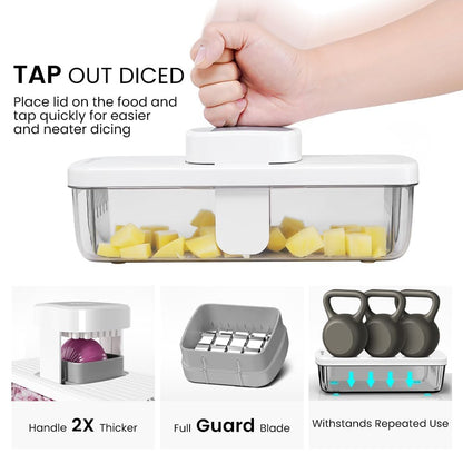 KEOUKE 8-in-1 Vertical Vegetable Chopper Mandoline Slicer with Container White - Safe Tap Out Dicer with Hand Guard for Kitchen Easy Food Prep, Onion Potato Veggie Fruit