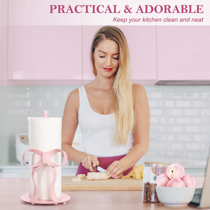 Shinlar Pink Bow Paper Towel Holder Coutertop - Bow Accent Paper Towel Holder, Pink Kitchen Decor and Accessories, Coquette Room Decor Girly Gifts for Women, 3D Handmade Pattern, Weighted Base
