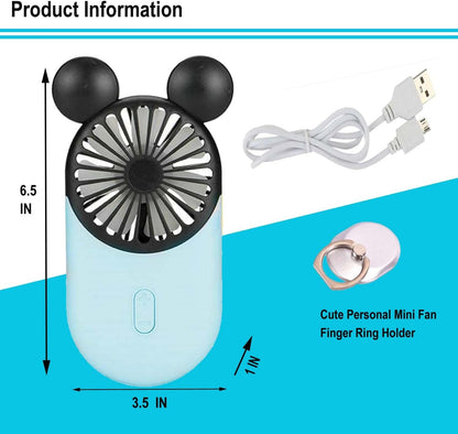 Cute Personal Mini Fan (2 PACK), USB Rechargeable Handheld Fan with Stylish LED Light, 3 Speed Adjustable, Cute Mouse
