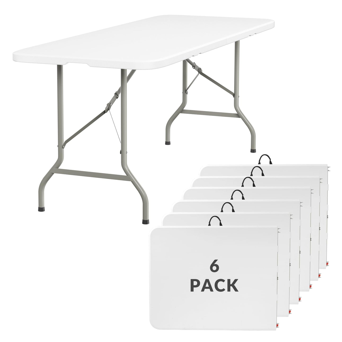 Elevon 6FT Folding Tables – Heavy Duty Portable Foldable Table with Built-in Handle, 300 lb Capacity – Ideal for Events, Parties, Crafts, Camping & Dining (6-Pack)