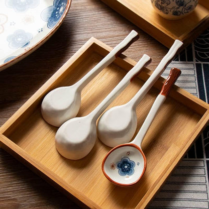 Chinese Handmade Ceramic Large Spoon, Long Handle Retro Porcelain Spoons for Ramen, Pho, Large Soup Spoons