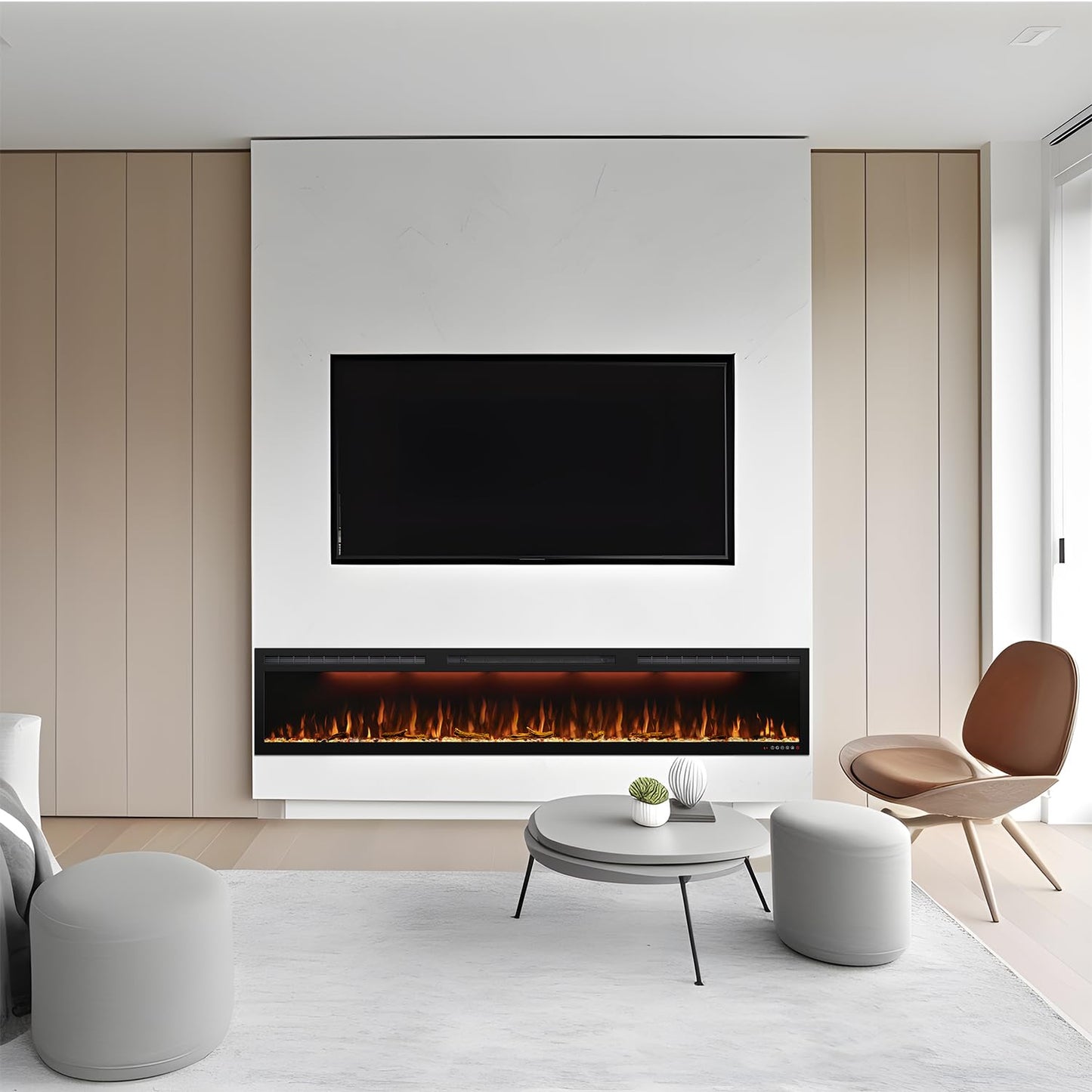 88" Electric Fireplace, Recessed/in-Wall or Wall Mounted, Large Linear 80-90", Ultra-Narrow Frame, 3 Flame Colors & Top Lighting, Timer, Remote, Log & Crystal Media, 1500W Heater