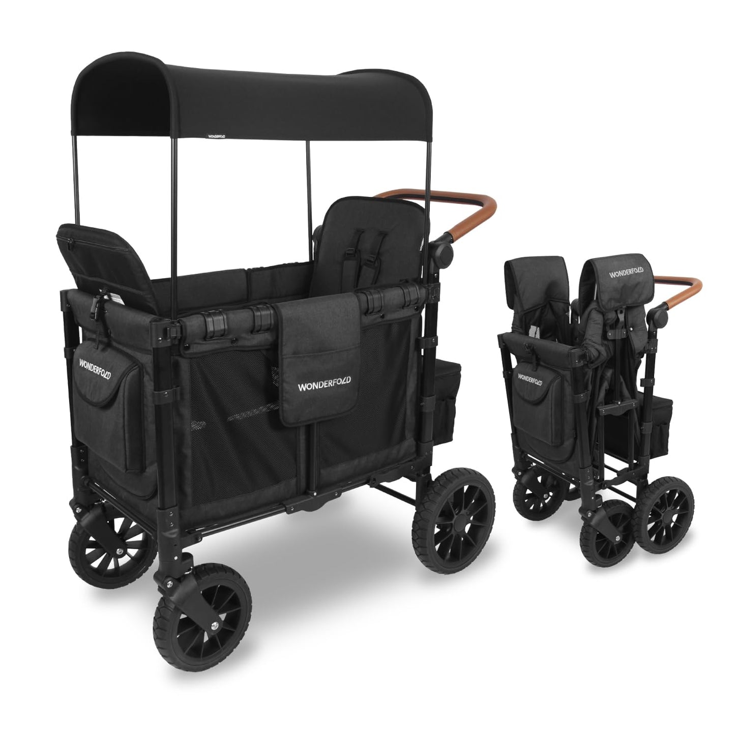 WonderFold W2 Luxe Stroller Wagon - Collapsible Stroller Wagon with Steel Frame - Adjustable Canopy & Push Handle - XL All-Terrain Wheels - for Babies, Toddlers & Kids - 2 Seater - Black