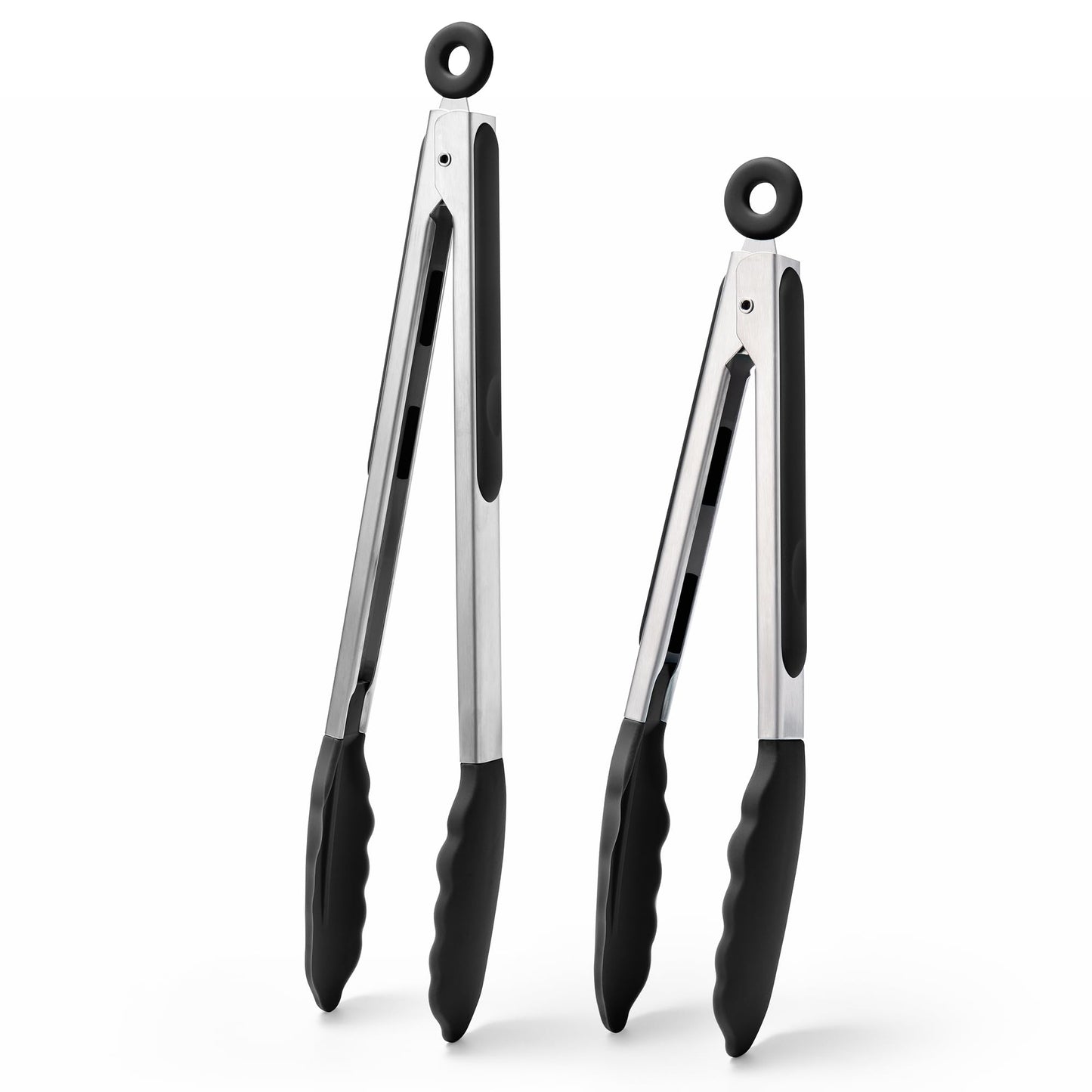Doosu Kitchen Tongs for Cooking - 600°F Heat Resistant Food Tong Set with Non-Scratch Silicone Tips, Heavy Duty Stainless Steel Locking Tong for BBQ, Grilling Steak, Serving Salad (9+12in, Black)
