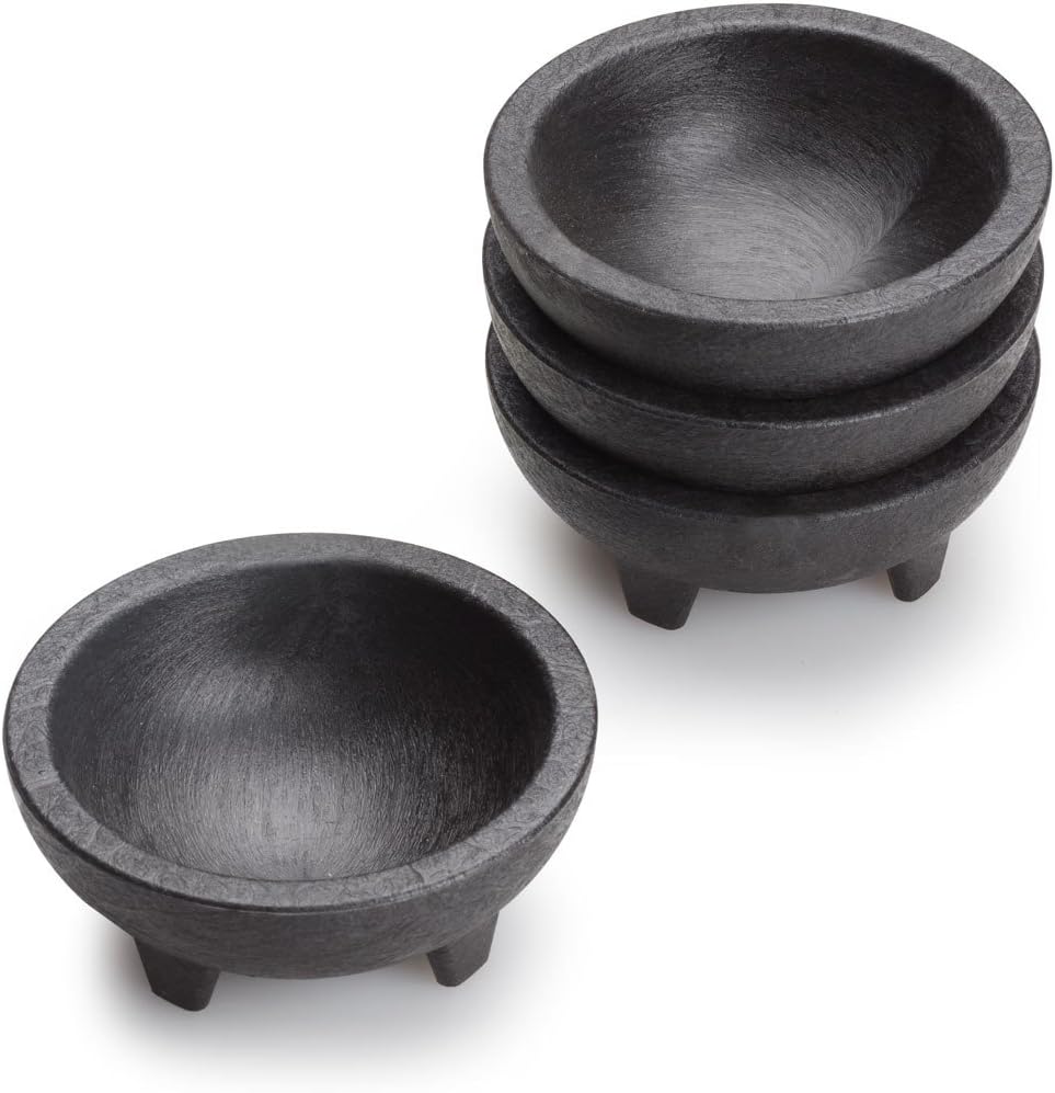 Enqargo Black 3-Legged Plastic Molcajete Salsa Bowls - 11 oz, 2 Pack for Dips and Sauces