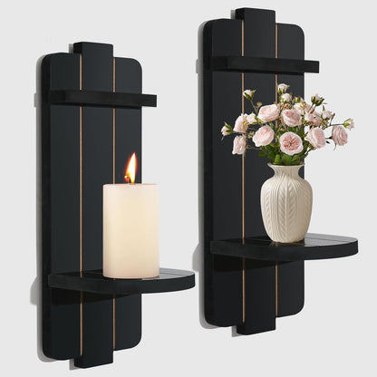 SUJUN Set 2 Rustic Candle Holder of Vintage Black Wooden Wall Sconces for Fireplace, Bedroom & Living Room Farmhouse