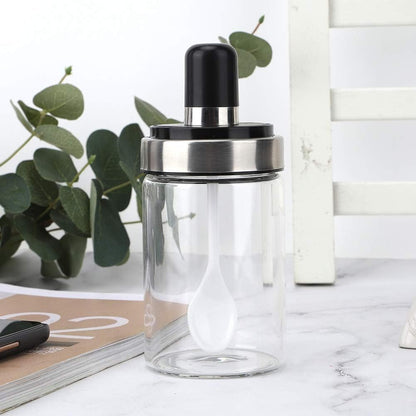 Glass Spice Jars, Transparent Seasoning Bottle Container with Visible Cover Spoon for Kitchen