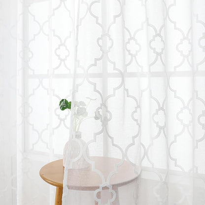 White Sheer Curtains 84 Inches Long, Lattice Geometric Embroidered Semi Sheer Curtain Panels, 52"w x 2pcs, Grommet Top