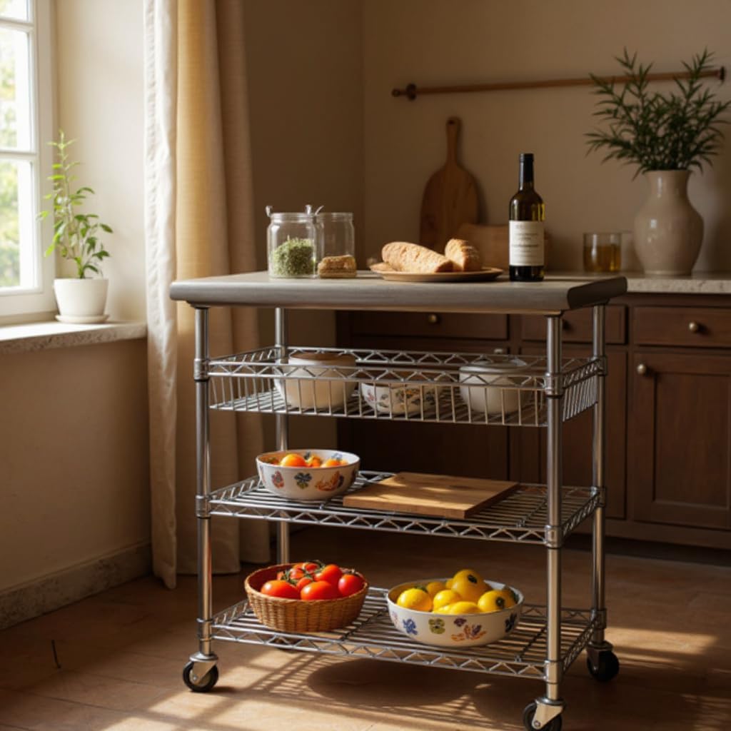 Heavy-Duty Stainless Steel Utility Cart with Shelves and Wheels, Multi-Purpose Storage Organizer for Kitchen, Garage, Office，Wire Basket，NSF Certified (3-Tier)