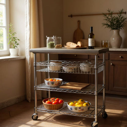 Heavy-Duty Stainless Steel Utility Cart with Shelves and Wheels, Multi-Purpose Storage Organizer for Kitchen, Garage, Office，Wire Basket，NSF Certified (3-Tier)