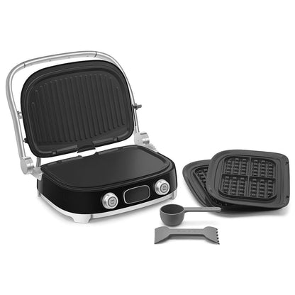 SMEG MGF01 Multi-Use Countertop Electric Grill, with Interchangeable Plates, Panini Press, Waffle Maker & Grill, LCD Display, Sear Function, Adjustable Temperature, 50’s Retro Style – (Black)