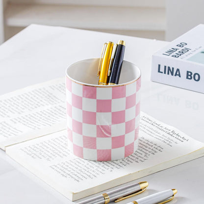 YOSCO Ceramic Checkered Pen Holder For Desk Cute Stand Gold Line Pencil Cup Pot Desk Organizer Makeup Brush Holder for Girls,Women (Pink-white)