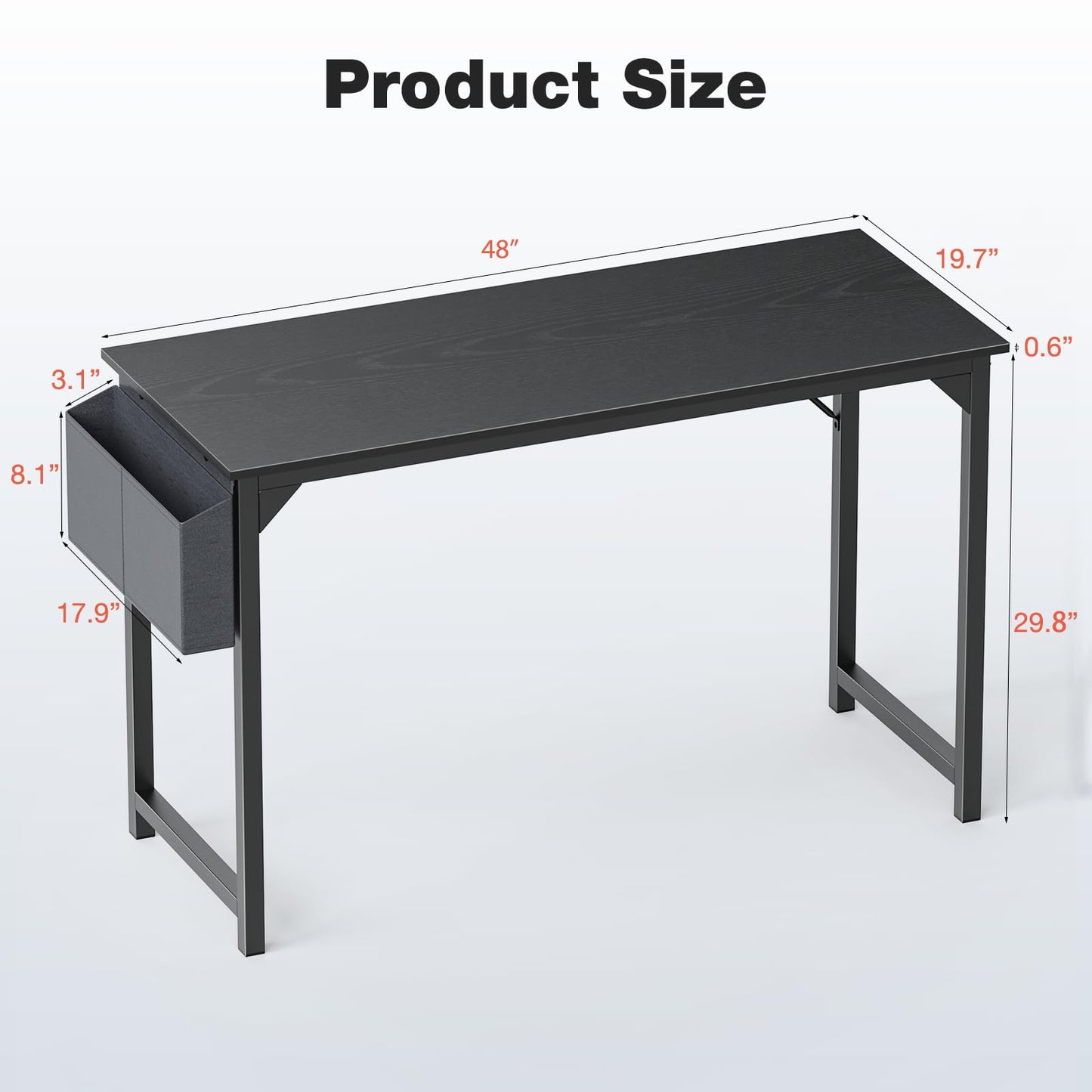 OLIXIS Computer Office Desk, 48 Inch Writing Work Study PC Wood Modern Desk with Storage Bag & Headphone Hook Simple Bedroom for 2 Person Kids Student Table, Black