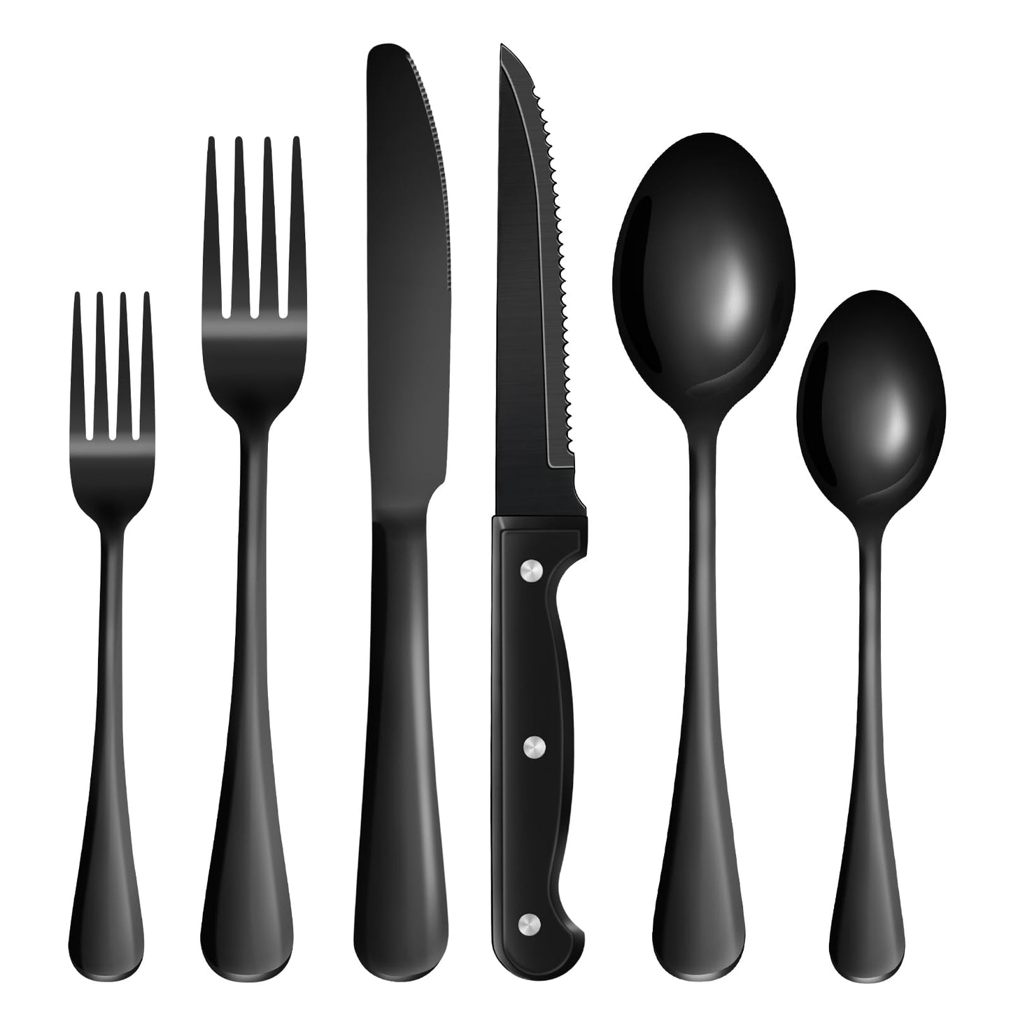 24-Piece Black Silverware Set with Steak Knives Black Stainless Steel Flatware Set for 4 Food Grade Tableware Cutlery Set Rust-proof, Mirror Polished, Dishwasher Safe