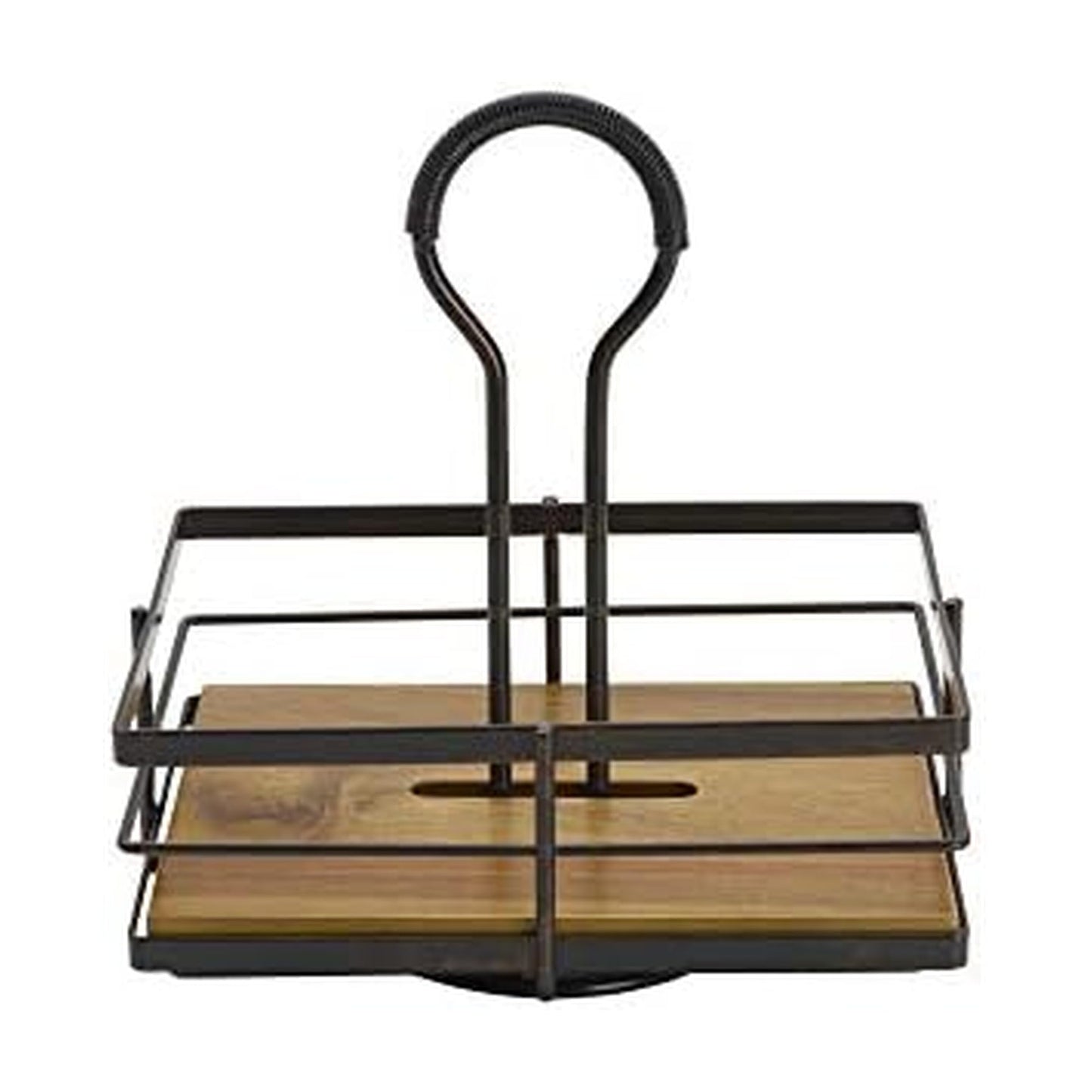 Gourmet Basics by Mikasa Nova Rotating Condiment Caddy, Handcrafted Iron and Acacia Wood Table Organizer with Spinning Platform and Carrying Handle, Contemporary Black Finish, 8.75 x 7 x 9.25 Inches