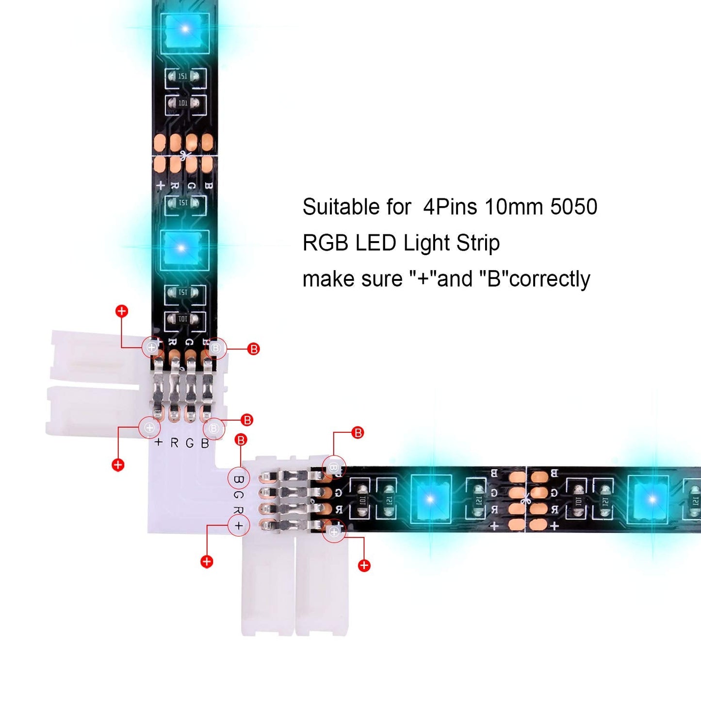 iCreating 5050 4Pin LED Strip Connector Kit 10mm RGB 4 Pin LED Connector Accessories Kit Include L LED Connectors for Strip Lights, 4-pin LED Light Strip Connectors with Wire, LED Extension Cable