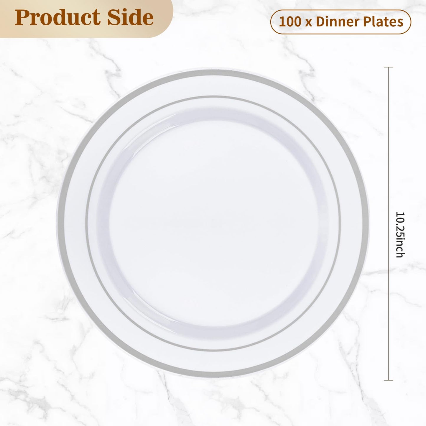 BESTVIP 100PCS Silver Plastic Plates, 10.25 Inch Disposable Dinner Plate Party with Silver Rim for Christmas, Thanksgiving, Heavy Duty Disposable Plastic Plates for Party, Wedding and Birthday, Events