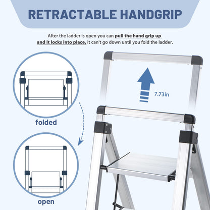 XinSunho 5 Step Ladder, Retractable Handgrip Folding Step Stool with Anti-Slip Wide Pedal, Aluminum Stool Ladders 5 Steps, 330lbs Safety Household Ladder