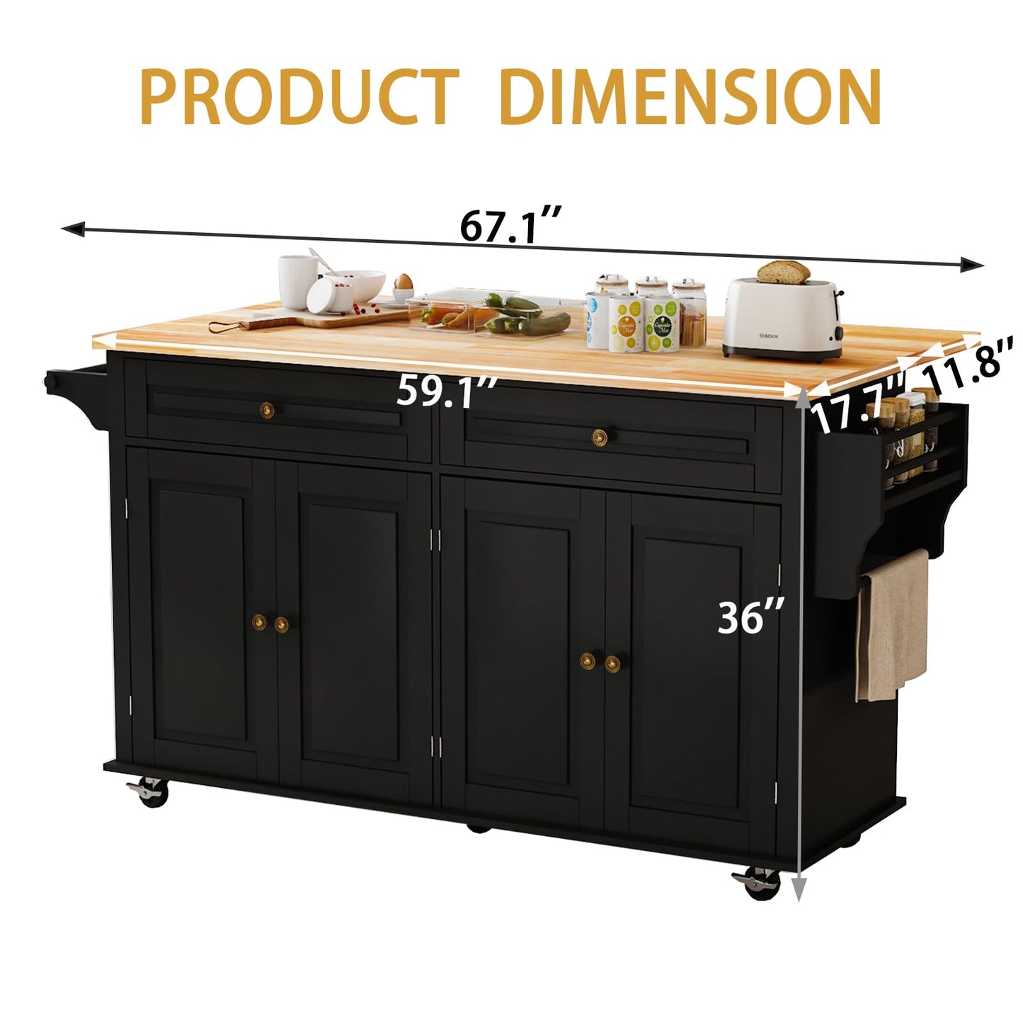 JassmiPkwy 67’’ Movable Kitchen Island with Drop Leaf and Power Outlet, Lockable Sliding Countertop Rolling Island Cart with 2 Large Drawers, Spice, Towel Rack,Black