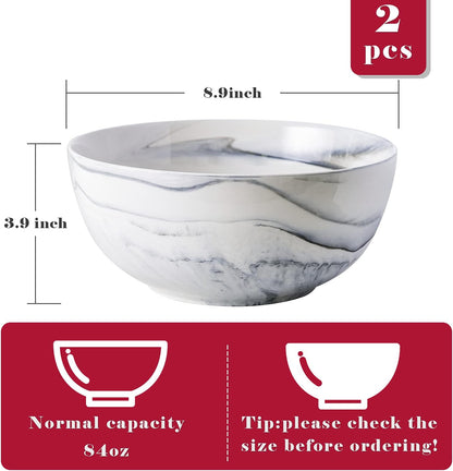 Yundu 9'' Deep and Large Mixing Bowls, 84 oz Porcelain Serving Bowls for Pasta, Fruit, Soup, Salad, Set of 2-Grey