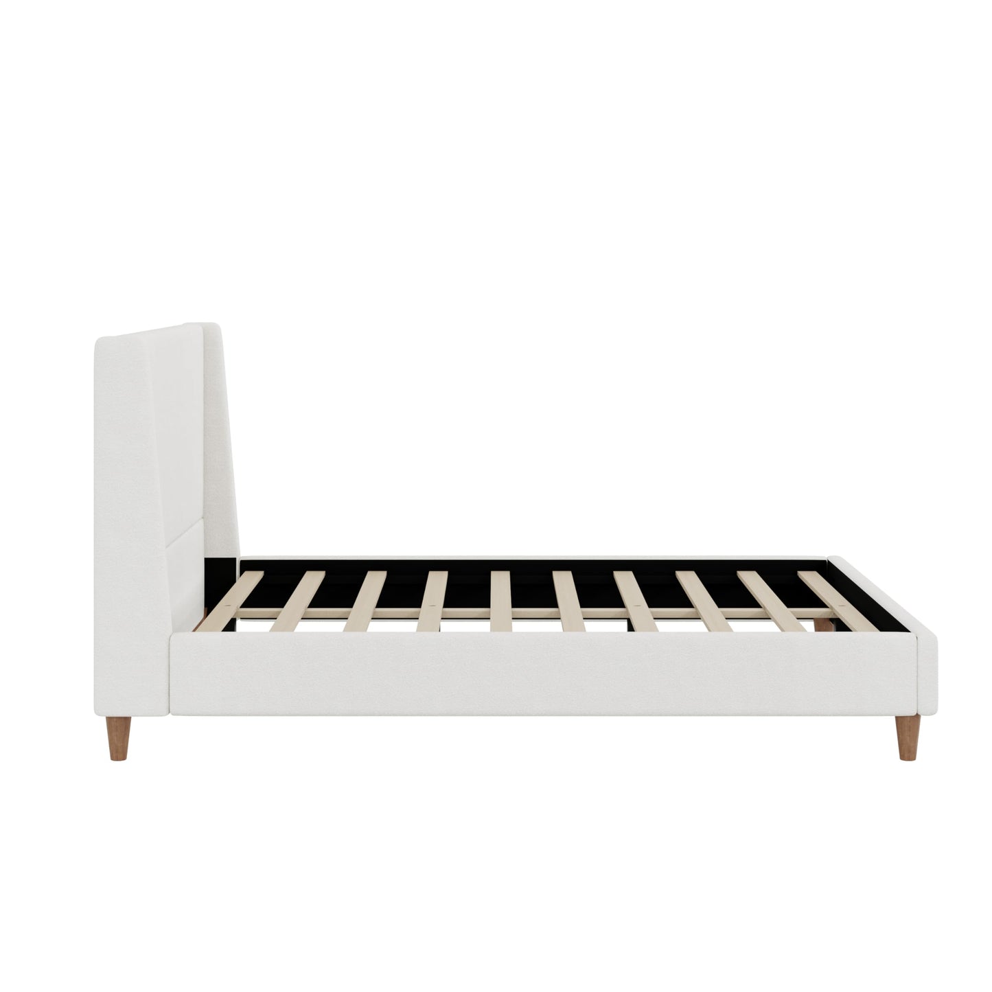 Merax Solid Wood Queen Size Boucle Bed Frame with Wingback Headboard, Modern Upholstered Platform with Walnut Wooden Legs, Strong Wooden Slats, No Box Spring Needed, Easy Assembly, Noise-Free, Ivory