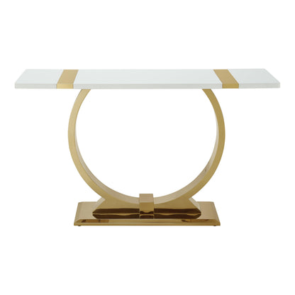 Furniture of America Wellit Glam Wood 50-inch White Sofa Table with O-Shaped Stainless Steel Trestle Base for Living Room, Gold