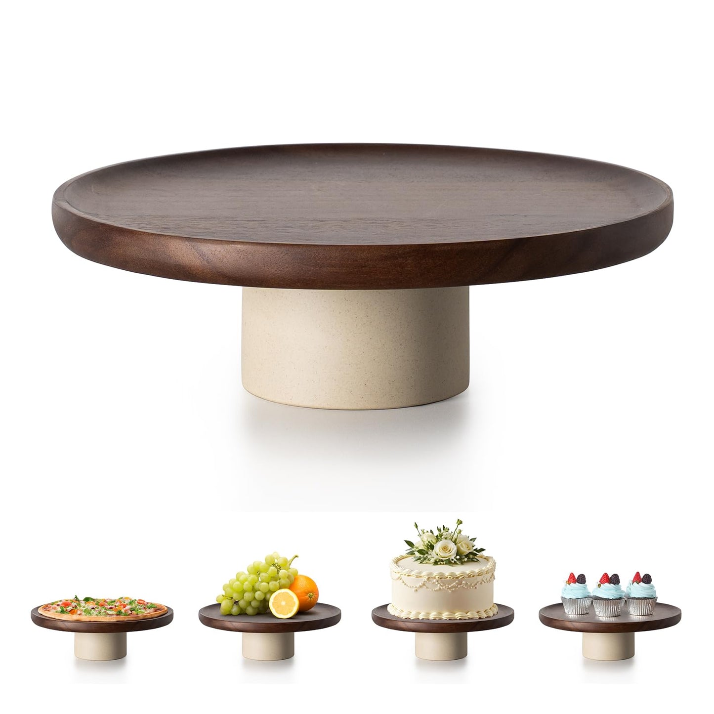 CEEFU 11 inch Rustic Acacia Wood Cake Stand - Natural Wooden Clay Wedding Cake Pedestal Serving Stand for Cupcake Dessert Bites Display in Party, Birthday, Beautiful Farmhouse Kitchen Decor