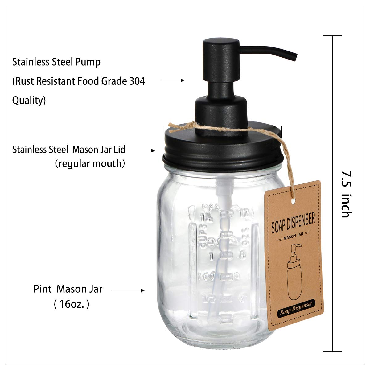 Amolliar Mason Jar Liquid Soap Dispenser, 16OZ Refillable Glass Soap Dispenser for Bathroom, Hand Soap, Dish Soap, Lotion Dispenser for Kitchen, Farmhouse Decor, Soap Pump Bottle, Black 2 Pack
