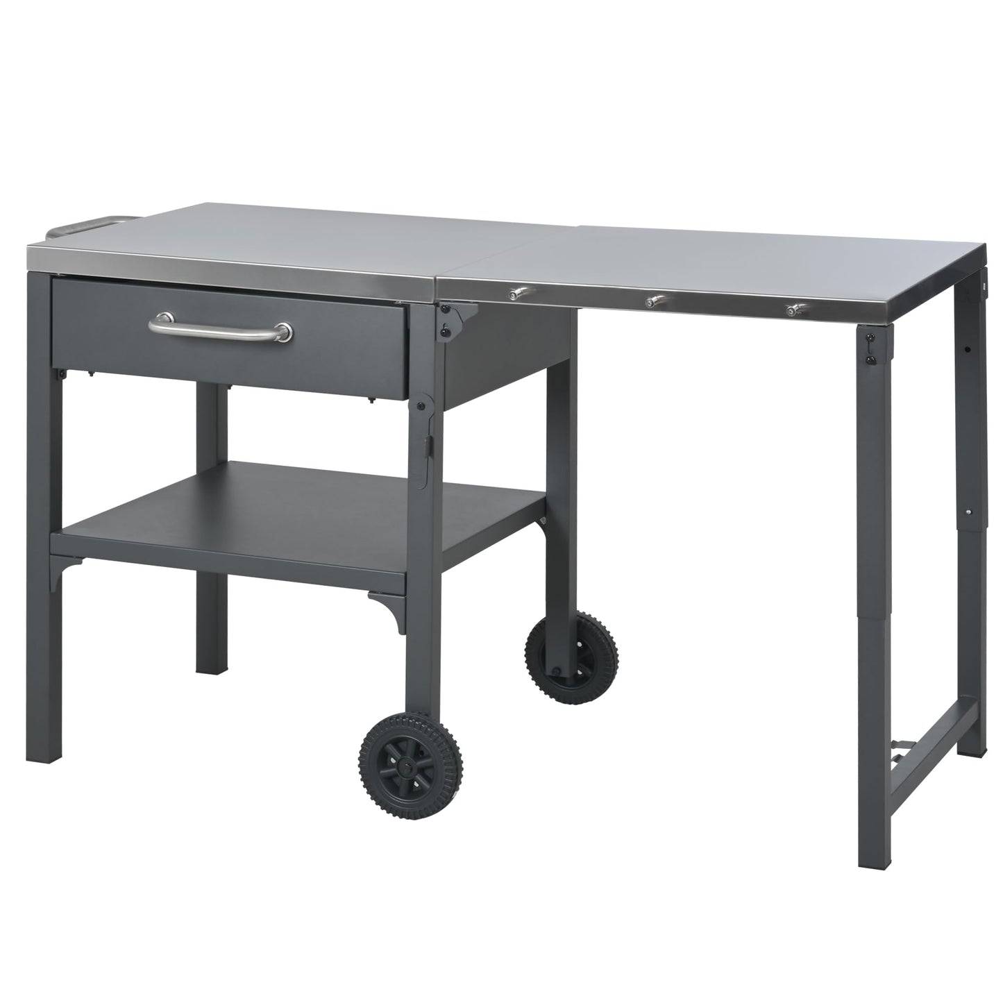 GDFStudio Outdoor Folding Kitchen Cart with Stainless Steel Top, Rolling Grill Prep Table with Drawer and Shelf, Portable Serving Cart with Wheels for Patio Backyard BBQ Cooking Station, Grey
