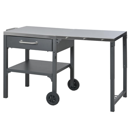 GDFStudio Outdoor Folding Kitchen Cart with Stainless Steel Top, Rolling Grill Prep Table with Drawer and Shelf, Portable Serving Cart with Wheels for Patio Backyard BBQ Cooking Station, Grey