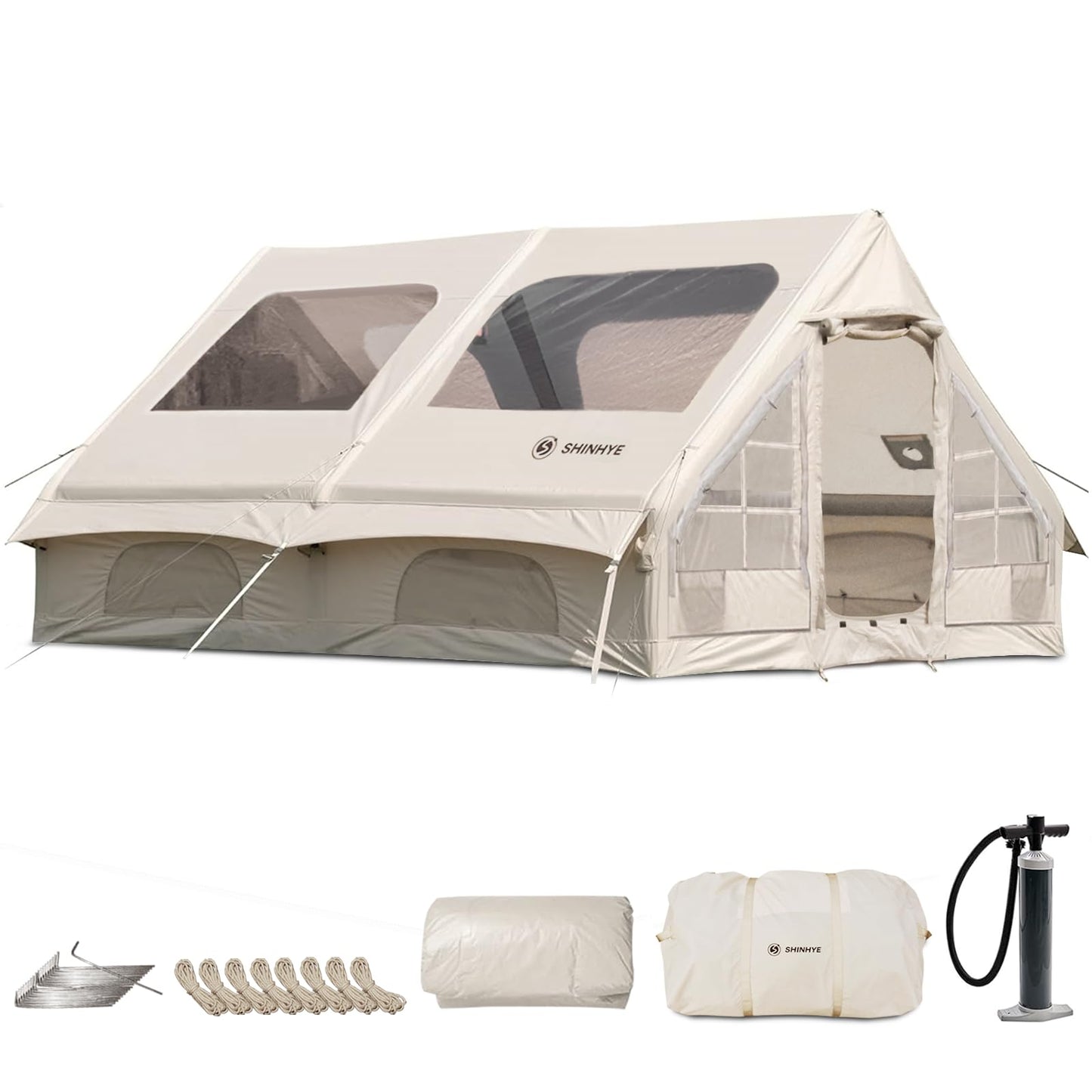 Inflatable Tent for Camping Large Blow Up Tent Glamping Tent 4-8 Person House, Easy Set up Waterproof Outdoor Oxford Tents, 4 Season Air Tents with Pump (130 sq ft Beige Air Tent)