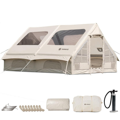 Inflatable Tent for Camping Large Blow Up Tent Glamping Tent 4-8 Person House, Easy Set up Waterproof Outdoor Oxford Tents, 4 Season Air Tents with Pump (130 sq ft Beige Air Tent)