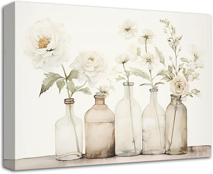 LZIMU Bathroom Picture Wall Decor, Flowers in Bottle Canvas Prints, Rustic Floral Painting Framed (B, 12"x18")