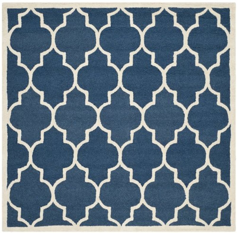 SAFAVIEH Cambridge Collection Area Rug - 6' Square, Navy & Ivory, Handmade Moroccan Trellis Wool, Ideal for High Traffic Areas in Living Room, Bedroom (CAM134G)