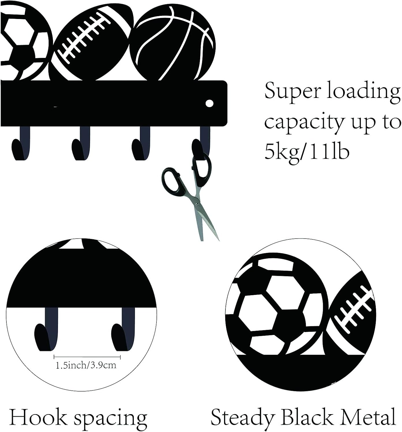 CREATCABIN Hook Hanger Wall Key Holder, Metal Decorative Mounted Organizer Rack with Sports Goods Basketball Football