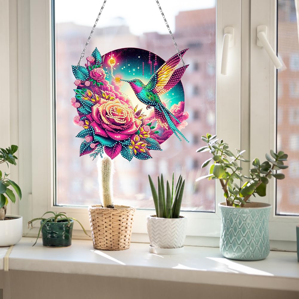 C‘eitura DIY Acrylic Hummingbird & Flower Diamond Painting Hanging Pendant Kit, 5D Special Shape Crystal Art for Home Wall Decor, Unique Gift for Women & Teens