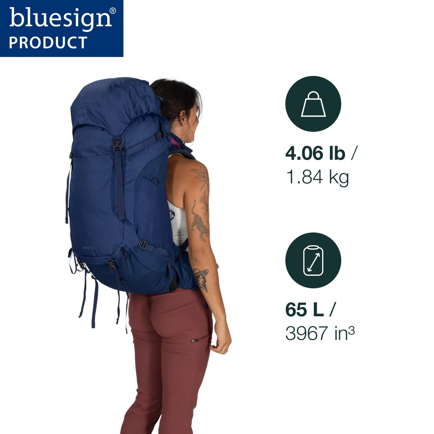 Osprey Kyte LT 65L Women's Backpacking Backpack - Lightweight Hiking & Camping Bag with Waterproof Raincover, Cascade Blue