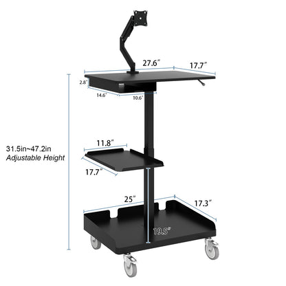 Natwind Mobile Workstation Cart with Monitor Mount,Height Adjustable Rolling Computer Cart, Heavy-Duty Rolling Standing Desk with CPU Holder for Home Office, School,Warehouse, Medical（Black）