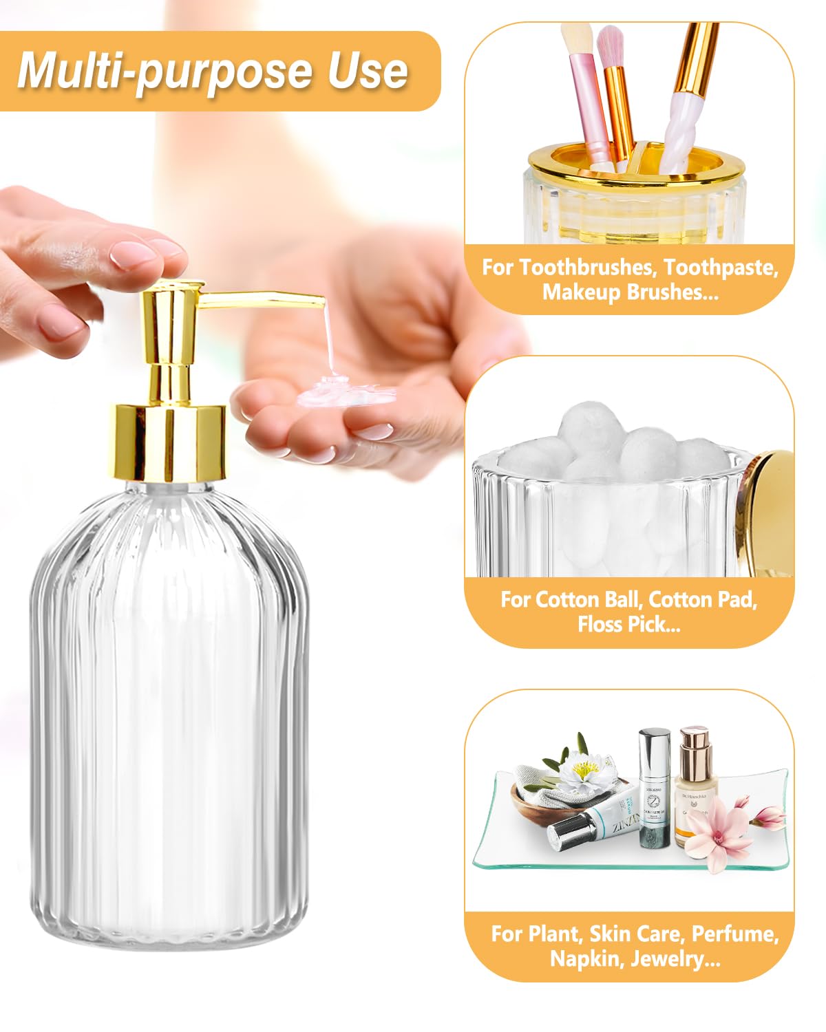Gold Bathroom Accessories Set, 4Pcs Clear Glass Bathroom Accessory Sets Complete of Soap Dispenser, Toothbrush Holder, Apothecary Jar(Qtip Holder), Vanity Tray, Modern Home Decor Housewarming Gifts