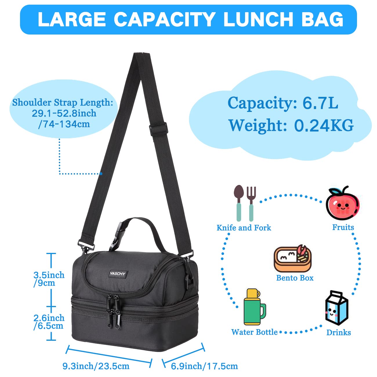 VASCHY Lunch Box Bag Men, Insulated Two Compartments Bento Cooler Bags for Adults/Women/Kids for School,Daycare,Kindergarten,Picnic Black