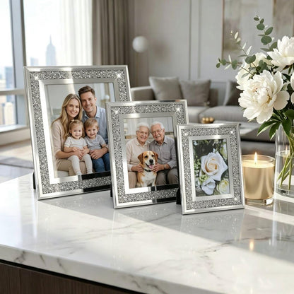 ALLARTONLY Crush Diamond Mirror Photo Frame In Bling Sparkle Crystal Silver Glass Finish, For Picture Size 5x7 inch, Pack of 2 Piece, table top Stand frame & Wall Frame