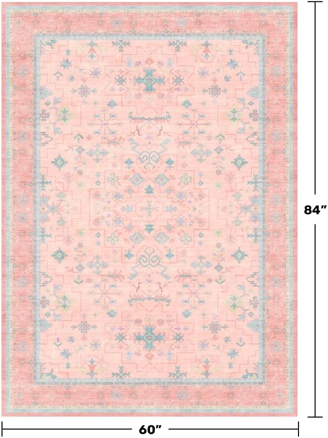 Oushak Floral Vintage Pink Area Rug - 5x7 Washable Low Pile Carpet for Kids' Playroom & Nursery