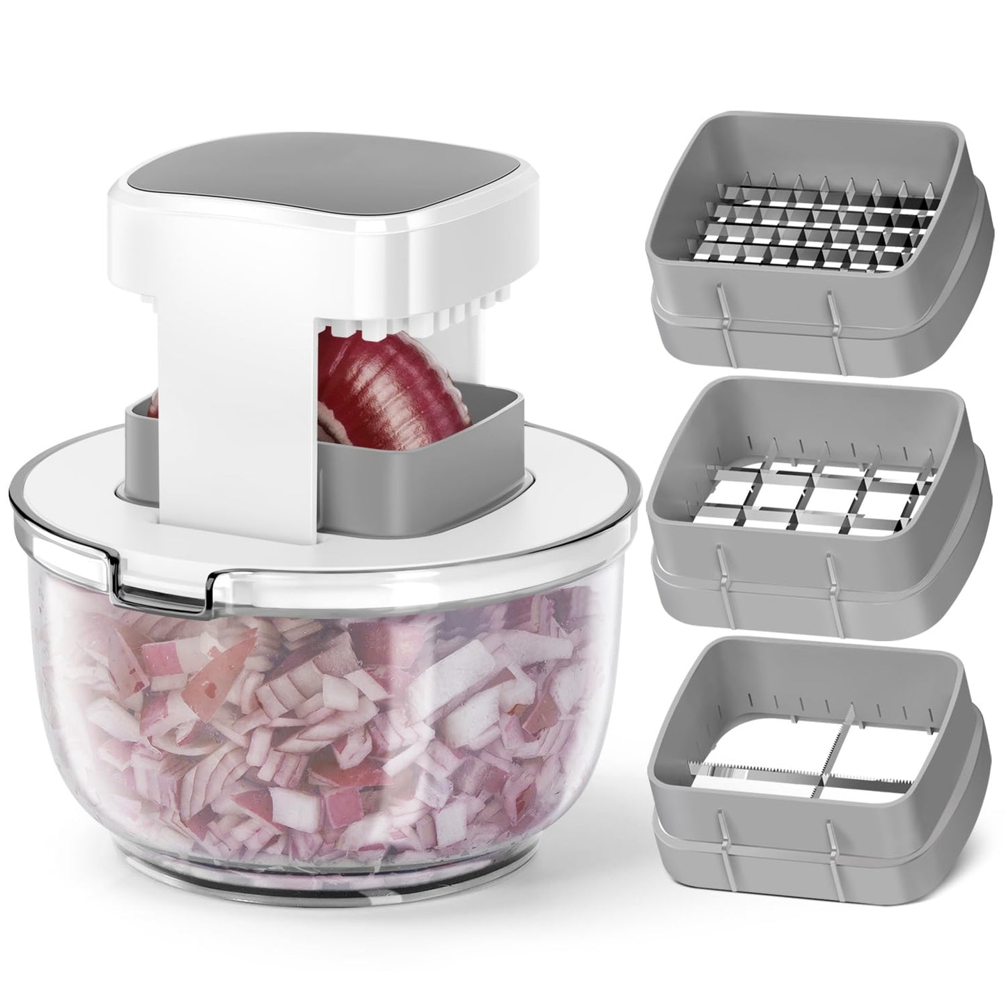 Vegetable Chopper Bowel Multi-functional 3 Interchangeable Blades Onion Chopper French Fry Cutter Veggie Dicer for Cucumber, Tomato, Zucchini, Carrot, Citrus