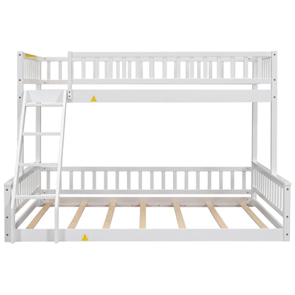 Merax Twin XL Over Queen Floor Bunk Bed with Ladder and Guardrails, Bedroom Wood Bunk Bed Frame for Kids/Teens/Youths/Adults, Space Saving & Noise Free, No Box Spring Needed, White