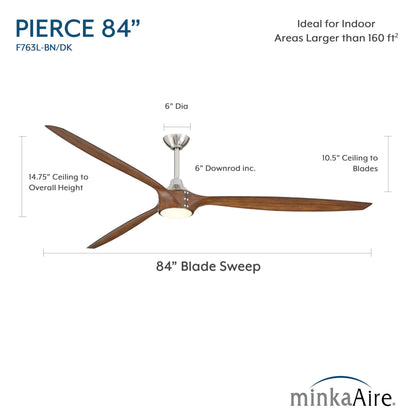 MINKA-AIRE F763L-BN/DK Pierce 84" 3-Blade LED Smart Ceiling Fan - Brushed Nickel and Distressed Koa Finish Blades with Etched Lens