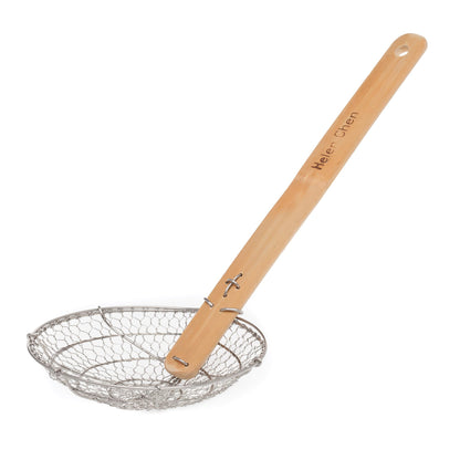 Helen's Asian Kitchen Spider Strainer, 5-Inch Stainless Steel Mesh Basket With Bamboo Handle, For Noodles, Dumplings, Wontons, Deep Frying, And Draining Tasks