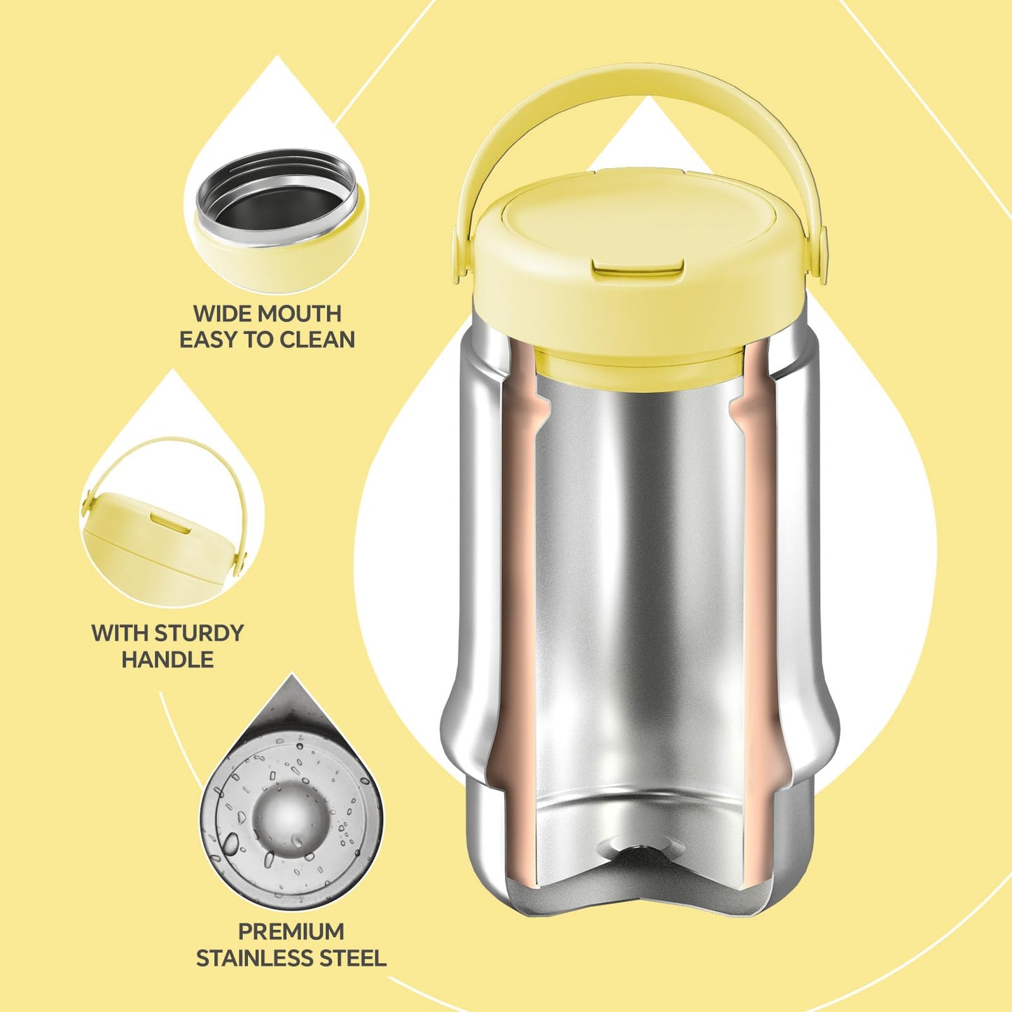 Ideus Soup Thermo with Foldable Spoon and Bowl 20oz, All-in-one Insulated Bento Lunchbox Stainless Steel Leakproof Portable Soup Container Vacuum Thermal Food Jar for Lunch (Light Yellow)