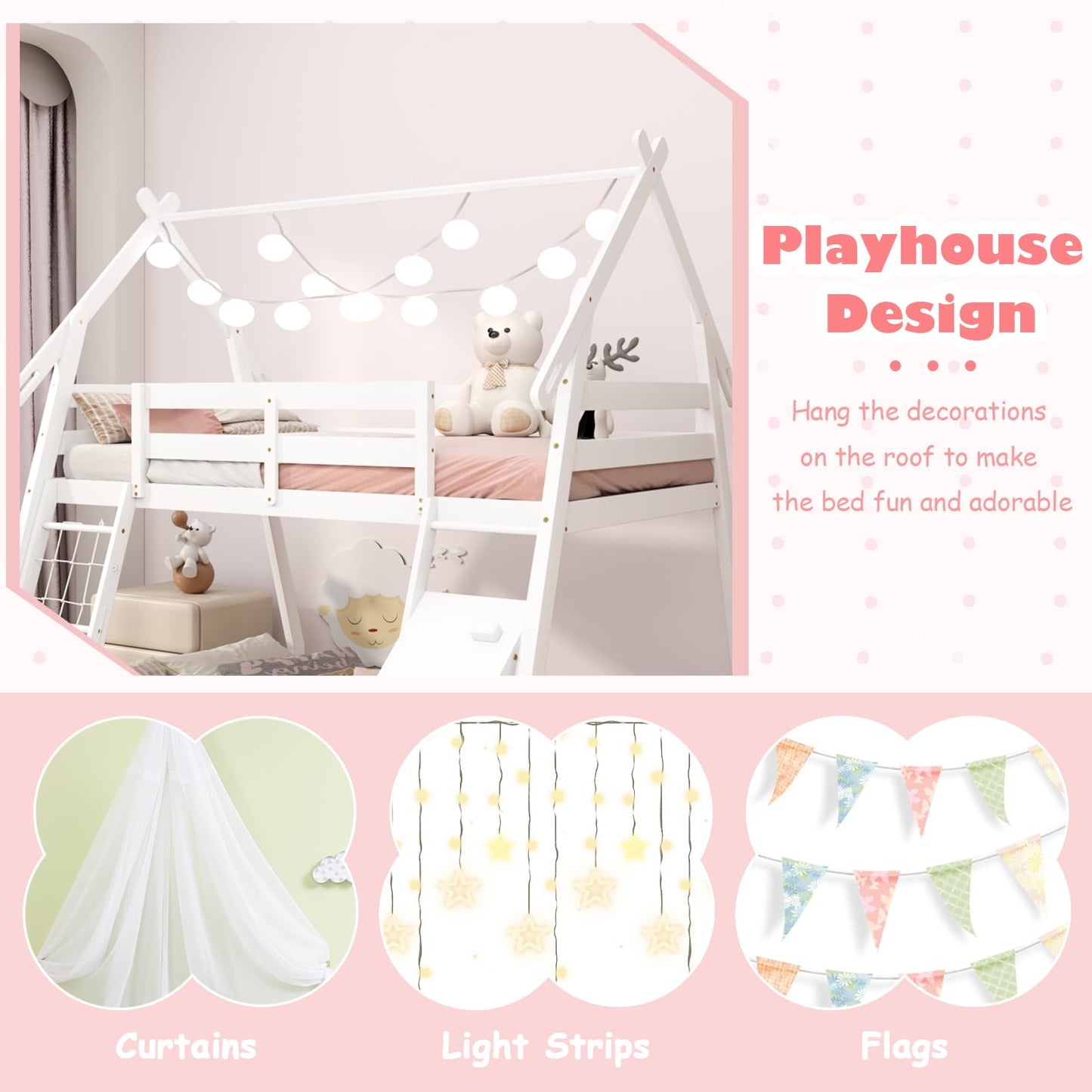 KOMFOTT Wood Twin Over Queen House Bunk Bed, Playhouse Floor Low Bunk Bed with Climbing Nets & Ramp, Space Saving Solid Wood Bunk Bed Frame with Safety Guardrails, Not Box Spring Required (White)