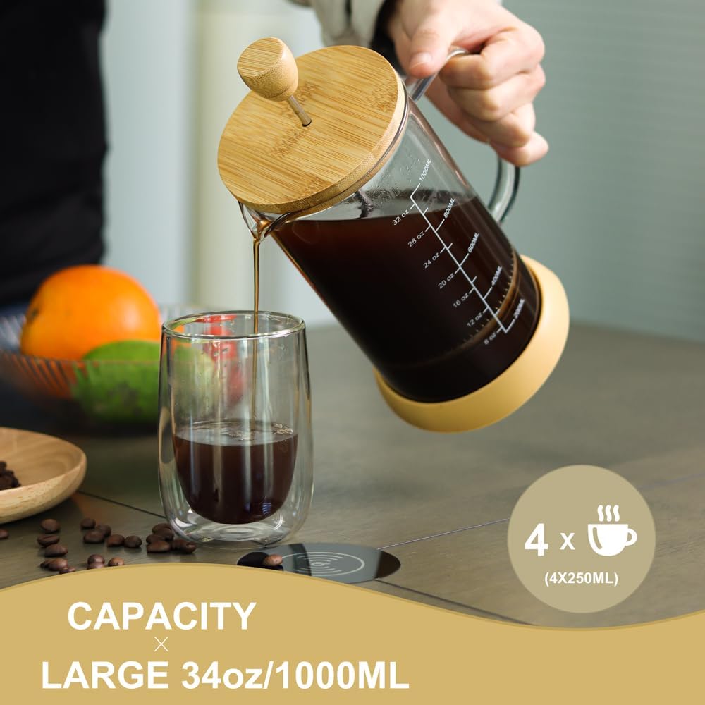 wedrink French Press Coffee Maker 34oz - Thicken Heat-Resistant Borosilicate Glass with Bamboo Lid (1000ml)